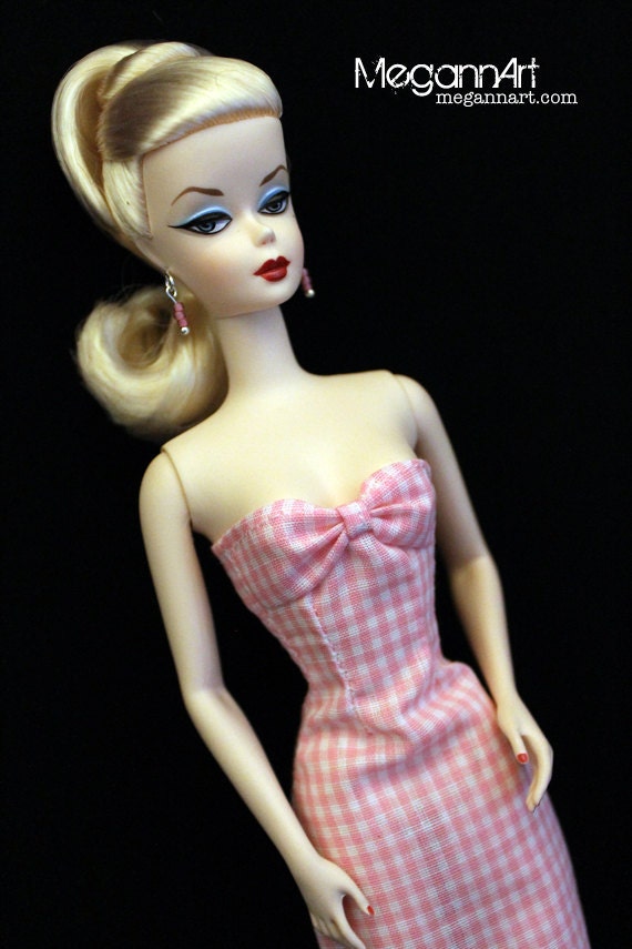 Pink Gingham Dress and Earrings for Barbie, Misaki, Poppy, & 1:6 Scale Dolls