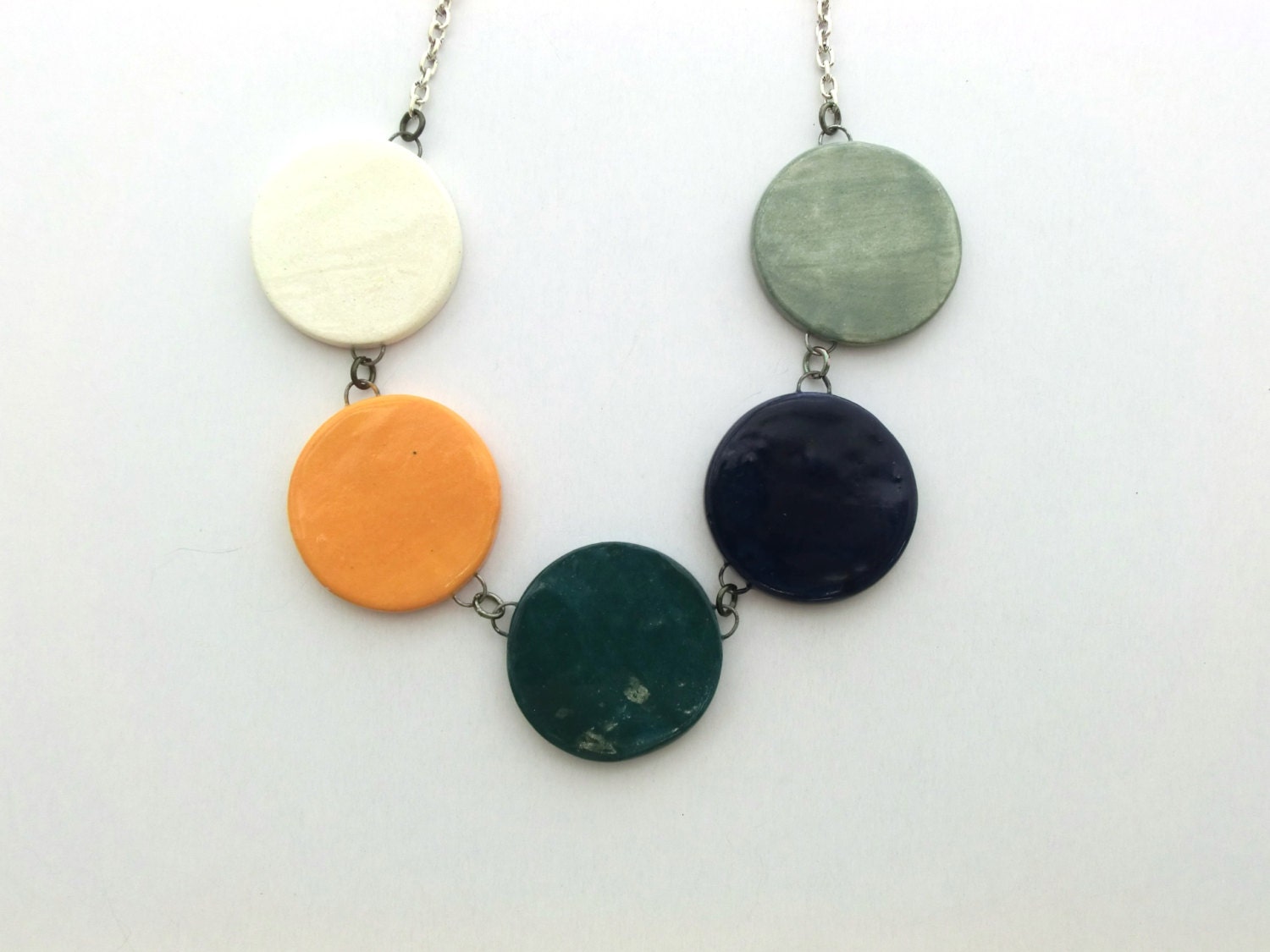 Large Necklace in White, Yellow, Teal, Navy Blue, and Gray