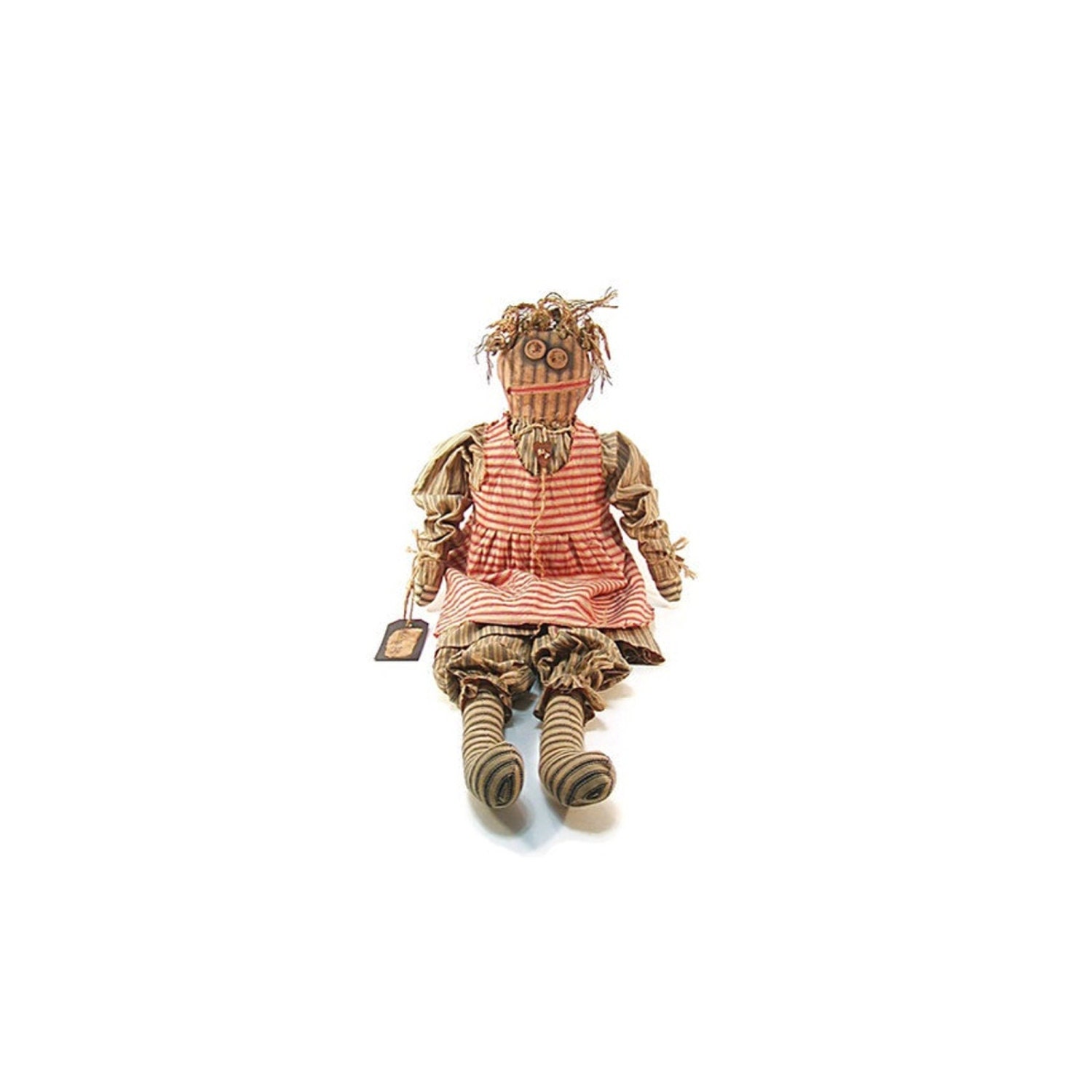 Primitive Doll, Ticking Fabric, Primitive, Doll, Green Ticking, Red Ticking, White, Blue, Wood Buttons, Rusty Heart, thecattsuglybabies