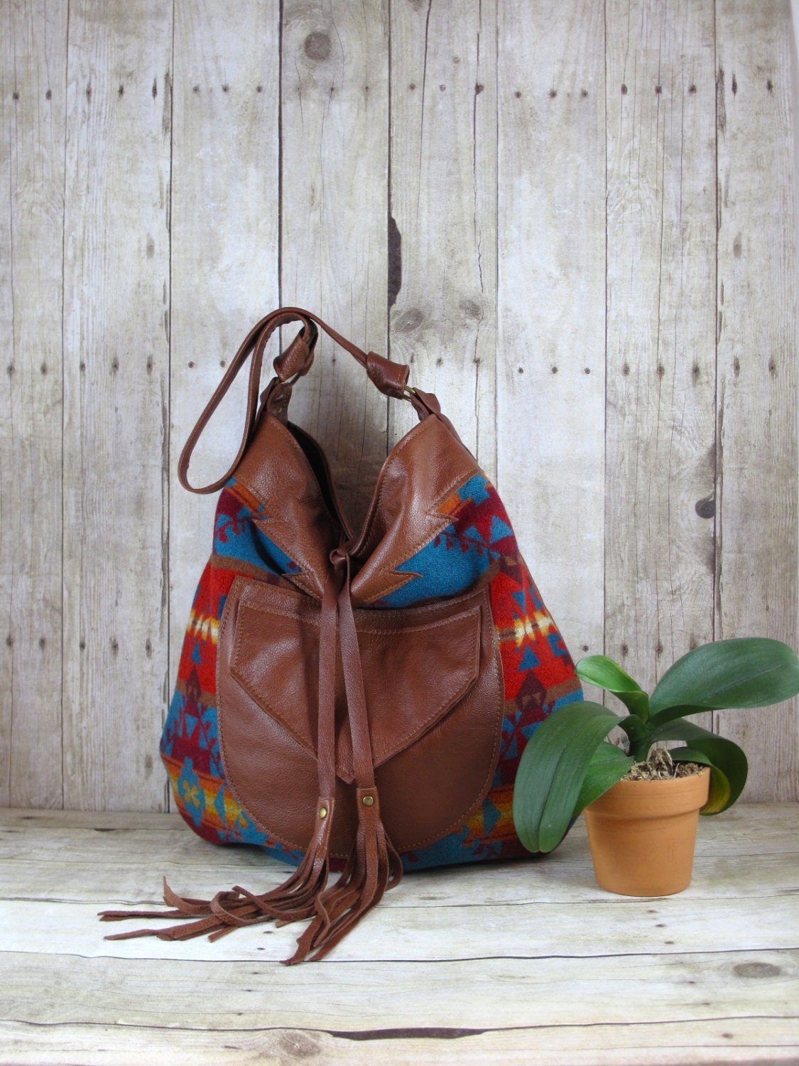 Indian Blanket Bag, Wool Hobo, Brown Leather Bag, Tribal, Aztec, Large Fringe Bag