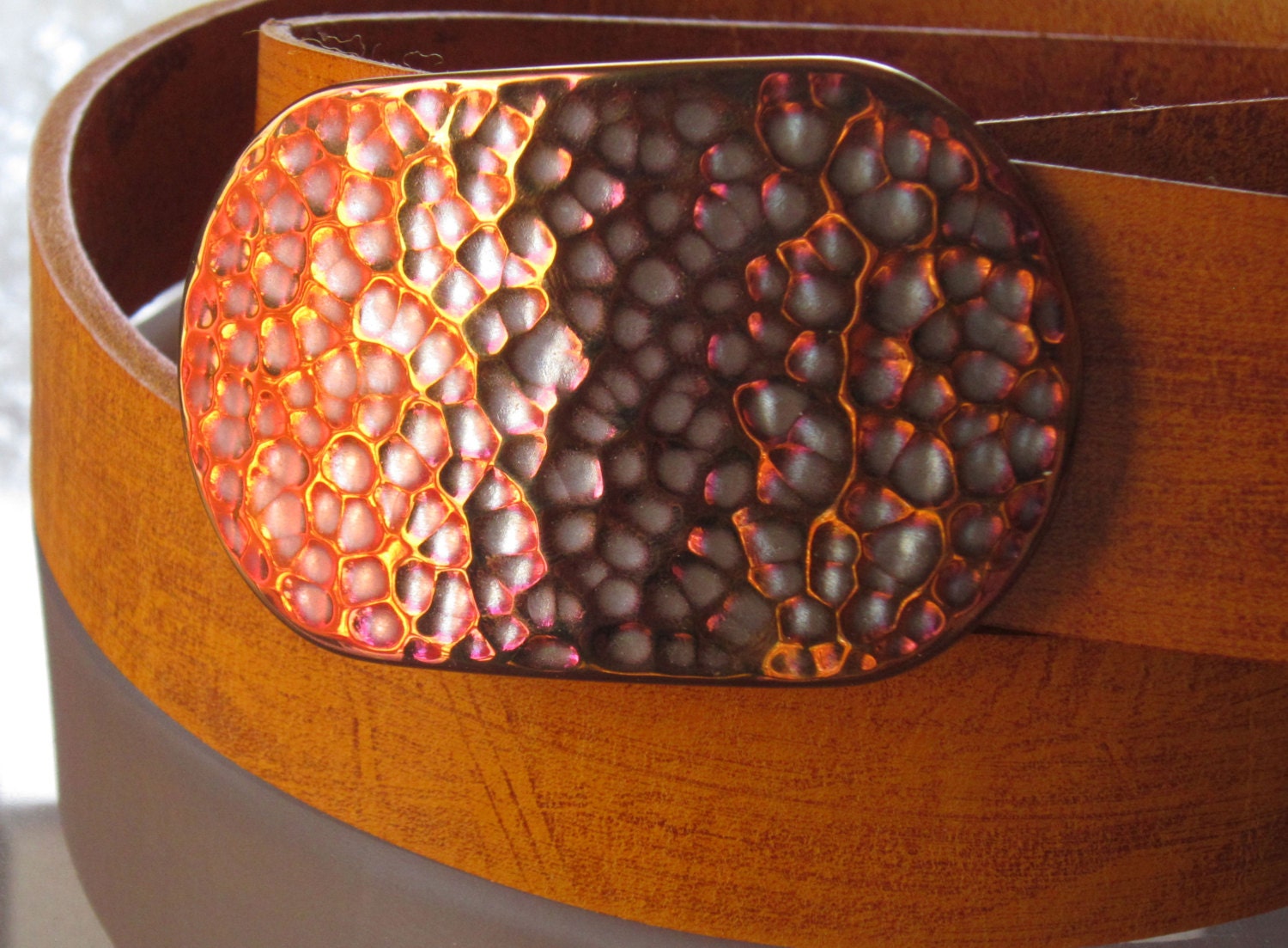 Ladies or Men's Golfer's Orange & Pink Textured Stainless Steel Belt Buckle and Orange Distressed Full Grain Leather 1-1/2" Belt Set
