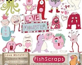 Love Monster ClipArt - Digital Clip Art - Hand Drawn Monsters - Valentines Day - Kids Digital Il_170x135