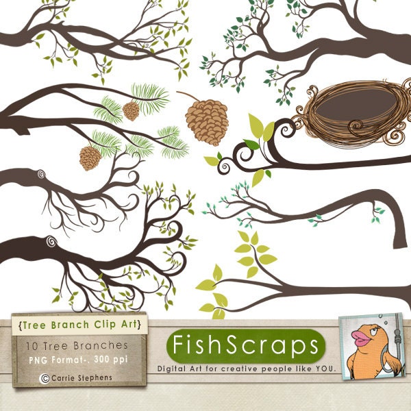 Tree Branch Clip Art - Bird Nest Graphics - Pine Cone -  Digital Graphics - Downloadable Commercial Use