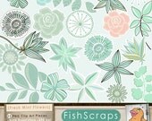 Flower Clip Art - Mint Green, Aqua & Teal  Peach - Commercial  Digital Graphics - Modern Floral ClipArt - Rose - Printable