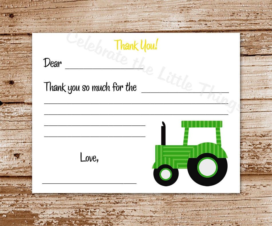 SET of 12 Kids Green TRACTOR Fill-In Thank You Cards Il_570xn