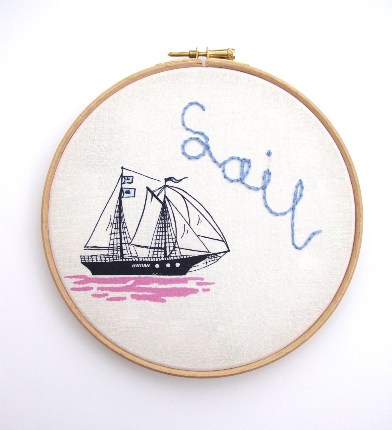 Sail -  Hand Embroidery Hoop Art  - ready for display - 7 x 7 Inch  wooden Hoop by mirrymirry