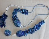 Blue and white felted wool Lagenlook chunky statement necklace ... OOAK Art to Wear