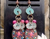 HOT PINK Earrings Indie Tribal Copper Bali earrings Ethnic earrings GYPSY earrings oxidized copper Earrings Cornflake earrings