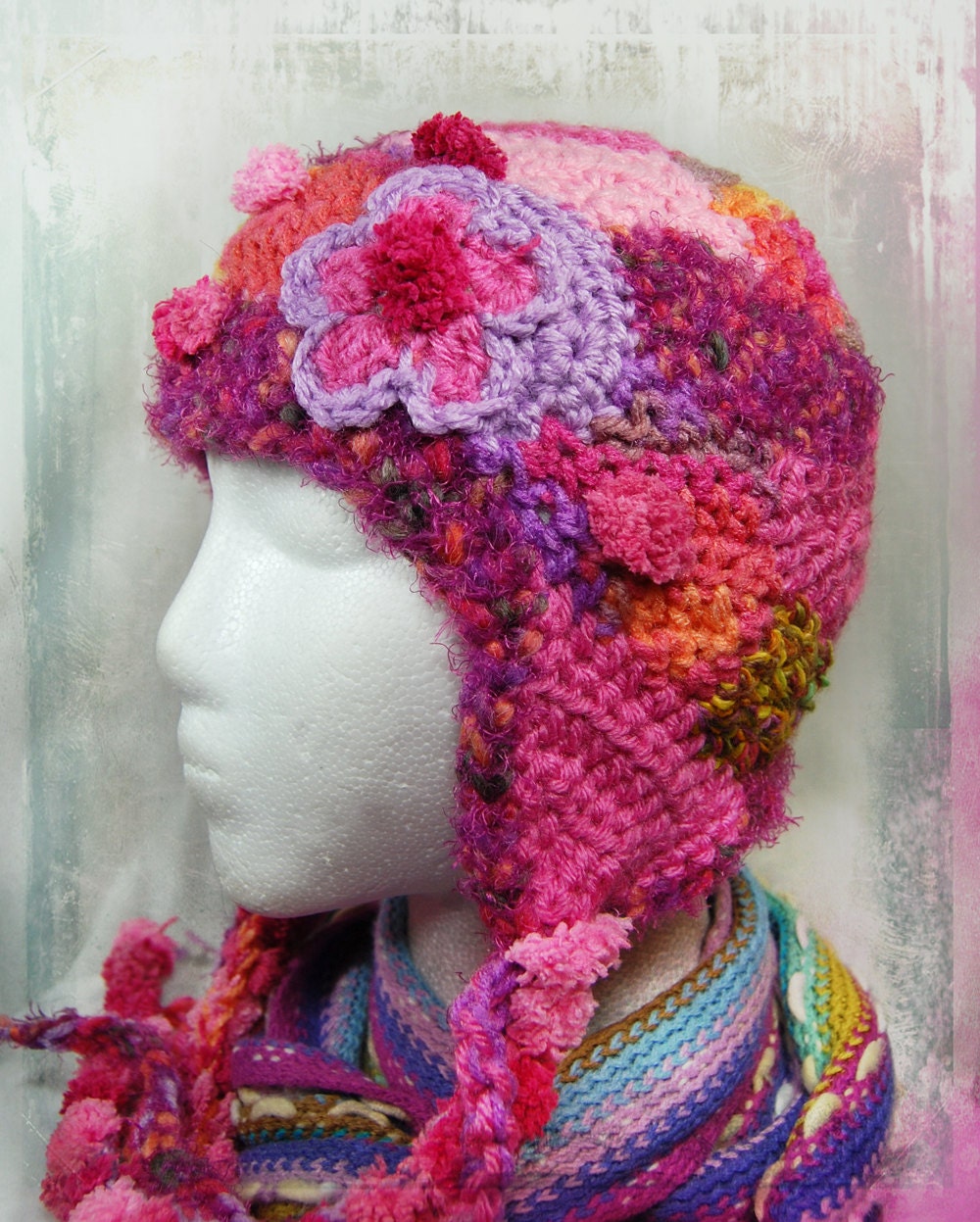 Pretty Pink Freeform Crochet Hat with Earflaps and Strings - Freeform Crochet