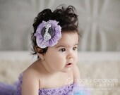 Wisteria- ruffle and rosette headband in grey and lavender with chevron