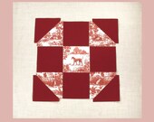 Die Cut Cotton Quilt Block, red toile fabric with greyhound, sewing project, 9 inch square . stand l