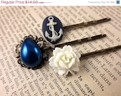 Spring SALE Anchor Hair Pin Set - Nautical Hair Accessories, Anchor Bobby Pin, Flower Hair Pins, Navy Blue Hair Pin