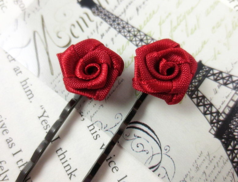 Small Rose Hair Pins - Red Flower Bobby Pins, Fabric Hair Clip, Boho Hair Accessory, Romantic Hair Pins