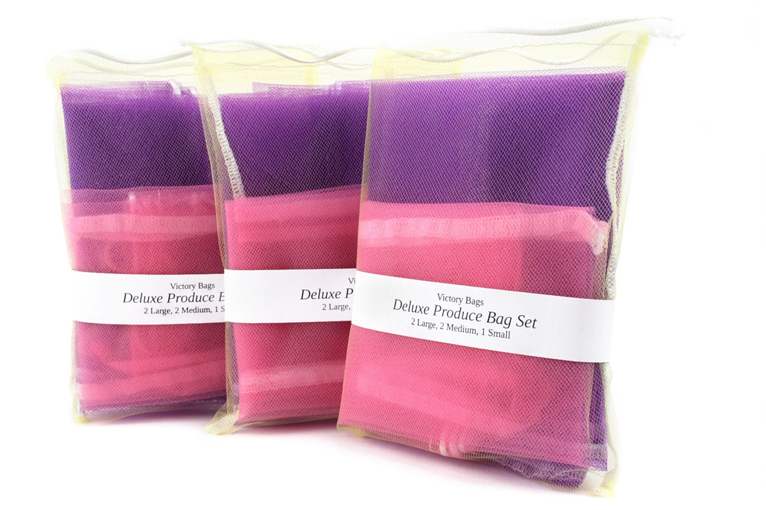 Reusable Produce Bags (Deluxe Set - 2 Large Purple, 2 Medium Pink, 1 Small Yellow)