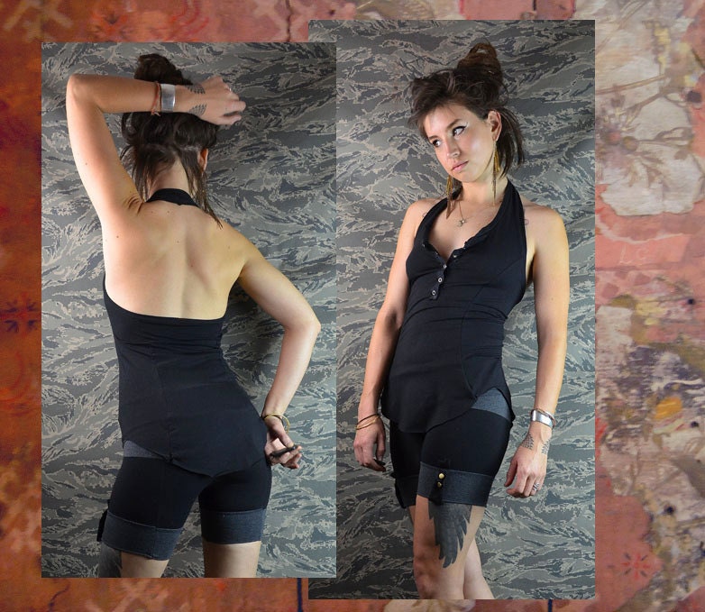 Eco halter henley princess seam shirt  bamboo jersey BLACK