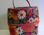 Vintage Hat, Wig Case, Box Mod Flower power Groovy floral, Red, Orange, Daisy Psychedelic