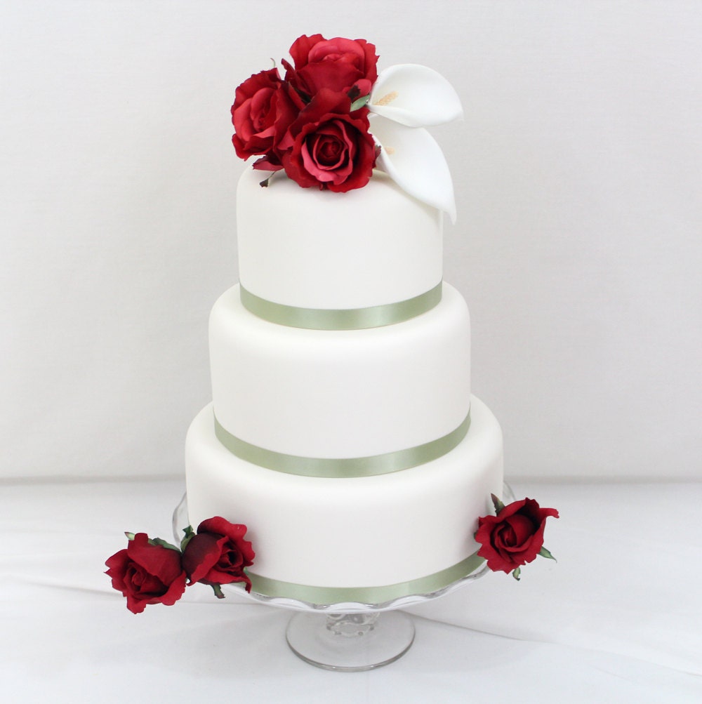 Wedding Cake Topper - Red Rose, Calla Lily Wedding Cake Topper, Silk Flowers