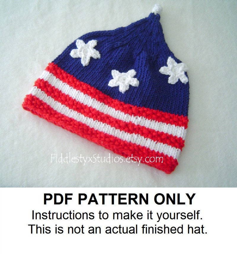 PDF KNITTING PATTERN - Hat Knitting Pattern - Red White Blue Stars Stripes Pixie Hat (Newborn Infant Toddler Child sizes) Patriotic Pattern