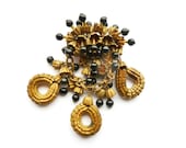 Vintage 1940s Brooch Miriam Haskell Frank Hess Russian Gold Plate Art Deco Jet Black Glass Brass Flower Floral Dangle Rare