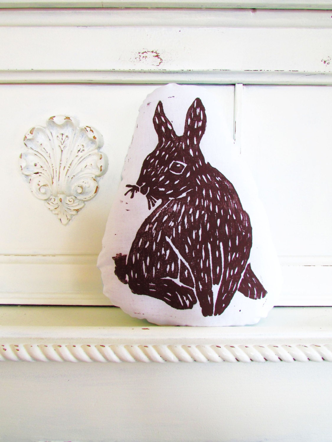 Plush Bunny Pillow. Woodblock Printed. Customizable Colors. Made to order.