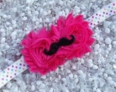 Mustache Shabby Chic Hot Pink and Black Double Flower Headband - Baby -  Newborn - Infant - Toddler - Girl - Teen - Adult - Photo Prop