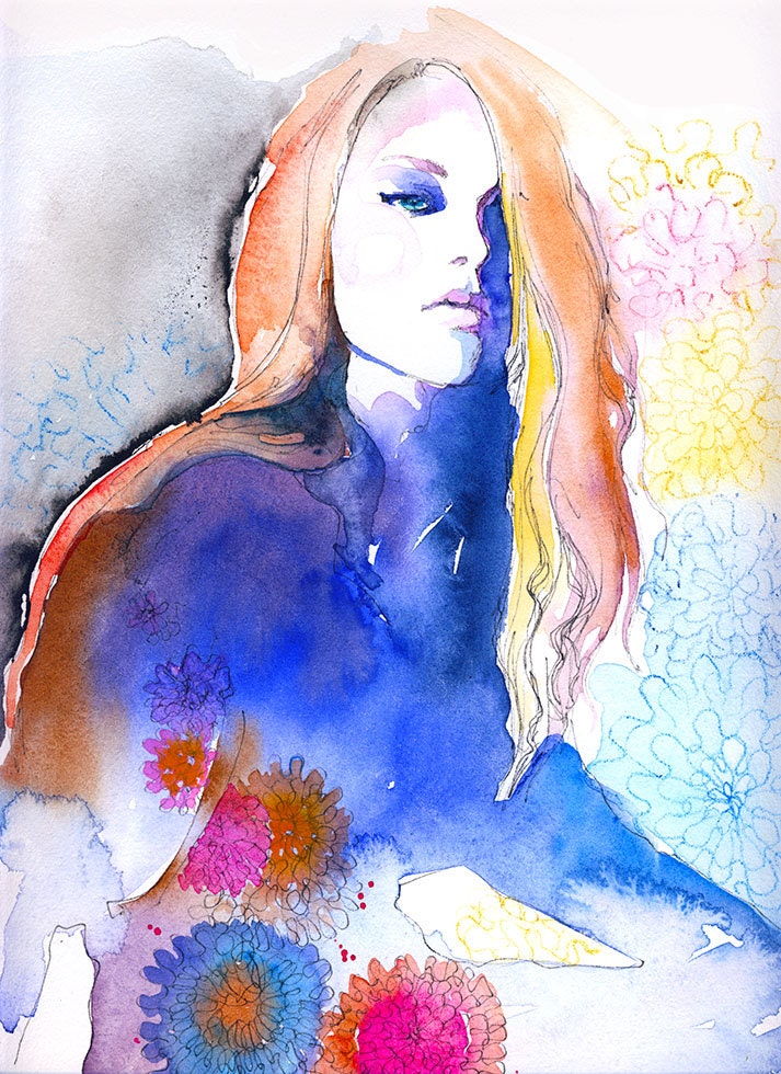 Print of Watercolour Fashion Illustration. 8.5" x 11". Titled: Blue