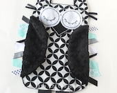 Black, White and Aqua OWL Ribbon Tag Minky Baby Blanket in Alexander Henry Diamond Eye Fabric Blankie Lovey Lovie Baby Gift