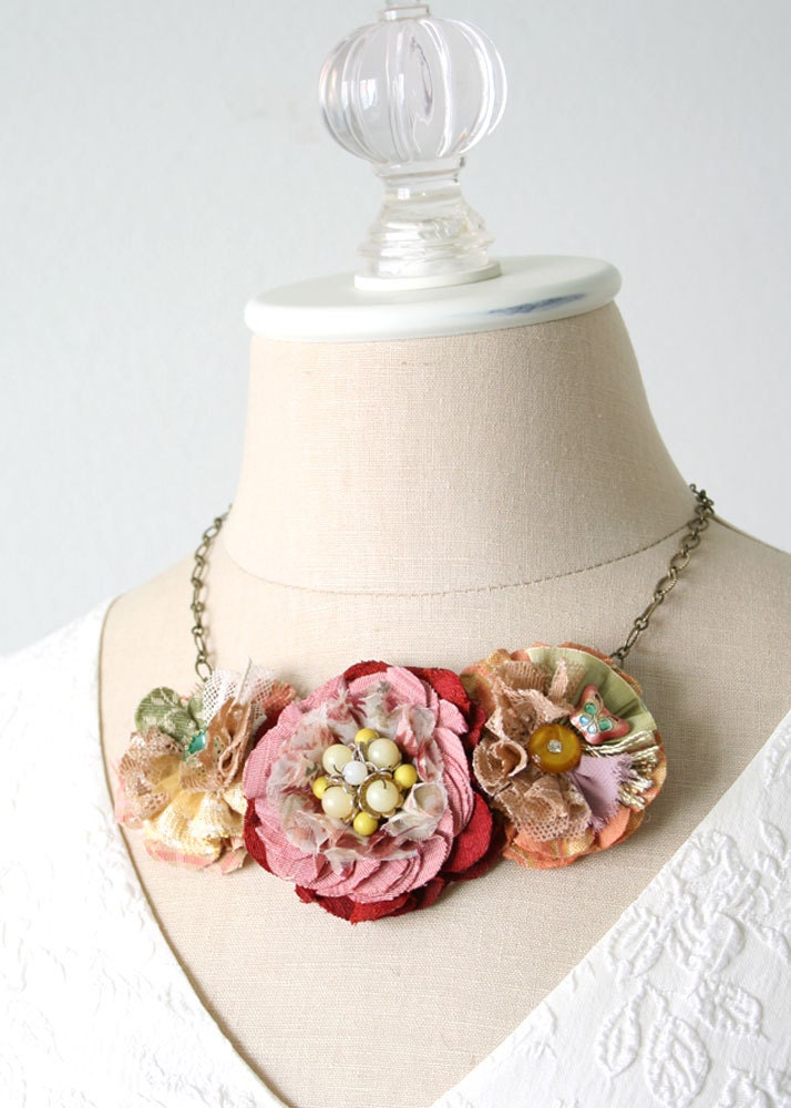 Fabric Flower Statement Necklace, Bib Necklace, Floral Necklace, Textile Necklace, Graduation Gift