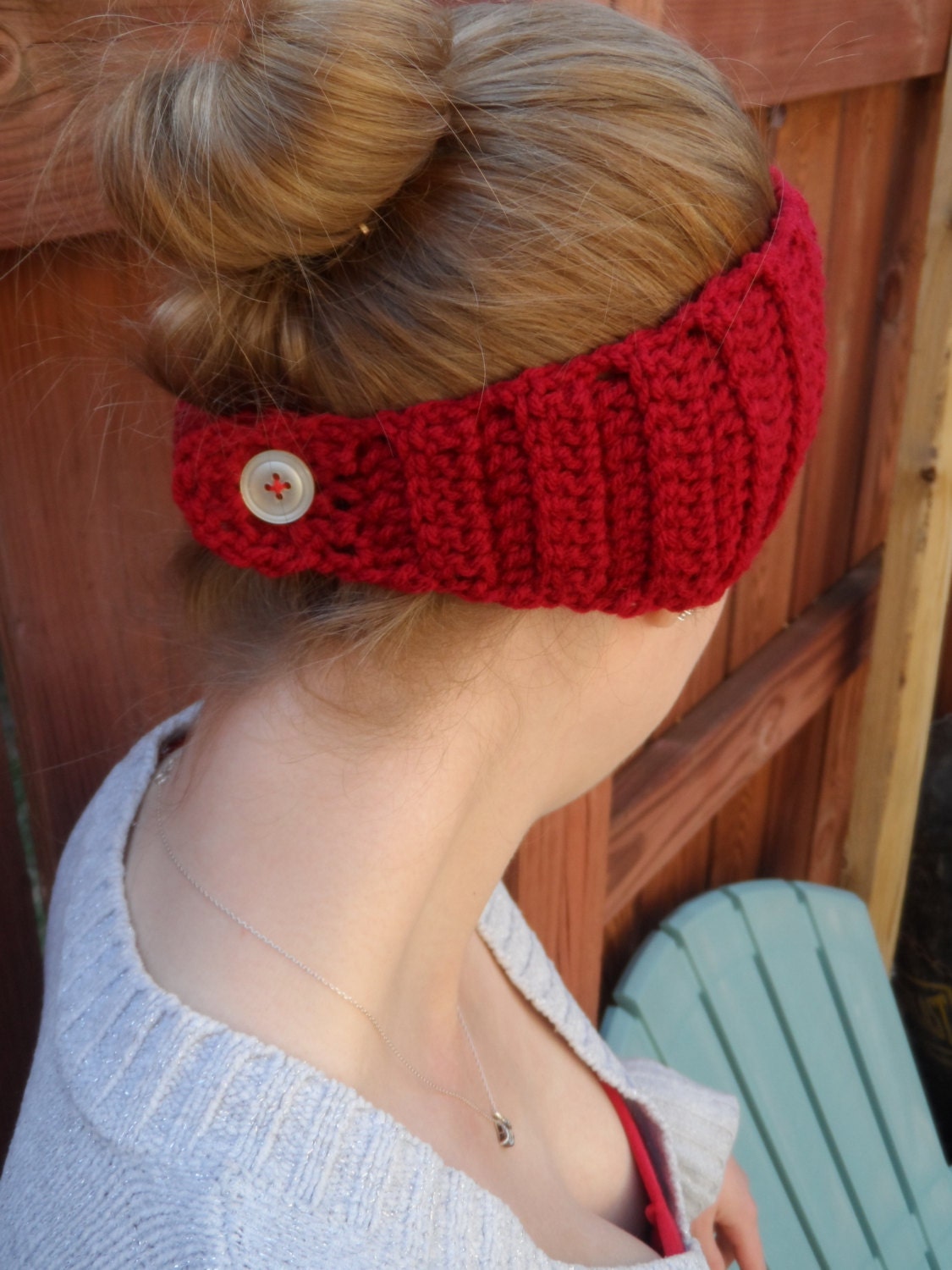 Women's Crochet Earwarmer - Red Cranberry - Wide Adjustable Length Headband