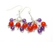 Cluster Earrings, Orange Beaded, Dangle Earrings, Clemson Colors, Glass Beads, Purple Amethyst, Clemson Earrings