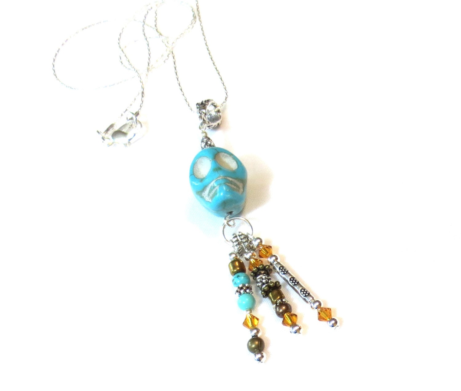 Skull Necklace, Gemstone Dangles, Turquoise Howlite, Swarovski Crystal, Silver and Bronze, Fine Cable Chain, Día de Muertos