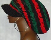 Crochet Cotton Brimmed Rasta Tam Cap Hat with Drawstring Red Black Green
