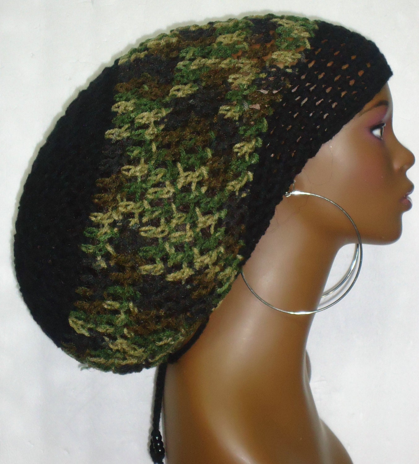 Unisex Camougflage Chic Crochet  Rasta Mega Tam with Drawstring Green Brown Black