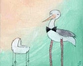 Horace And The New Baby, original painting, acrylics on wood block, crib and stork, 4.5 x 4.5 inches, teal orange