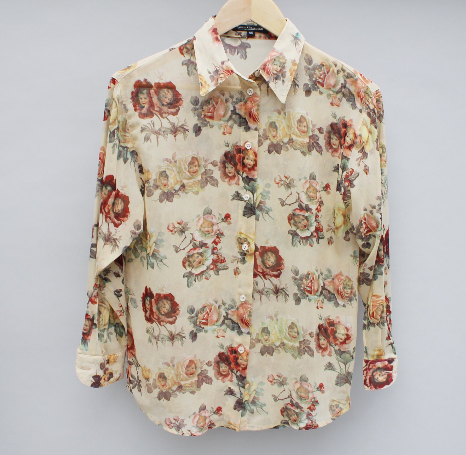 90s vintage sheer floral / baby face GUESS button down women's shirt - Small / XS