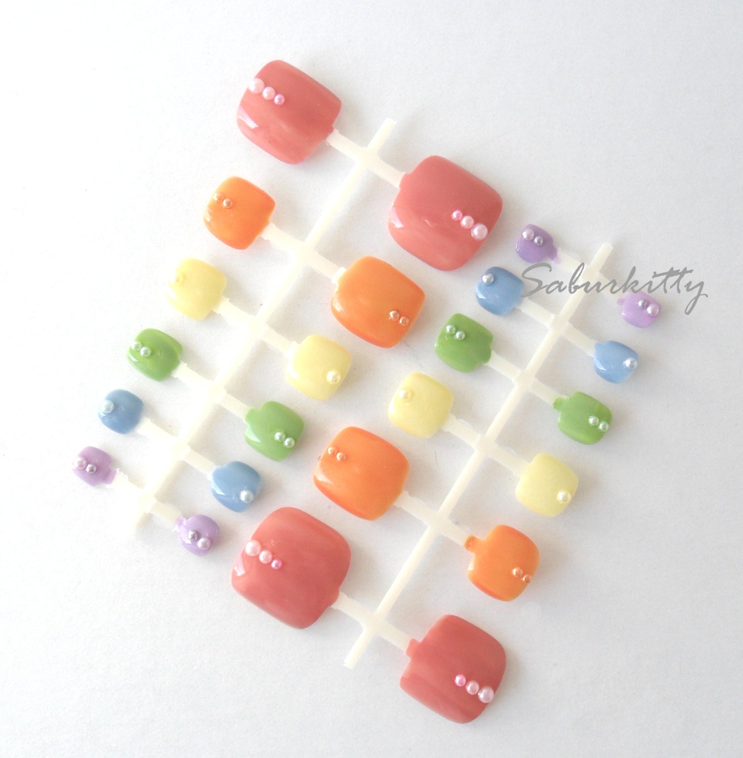 Sherbet Nail Art rainbow dots pastel fake acrylic pedicure toenail tips nails ooak w/glue (Made to Order)