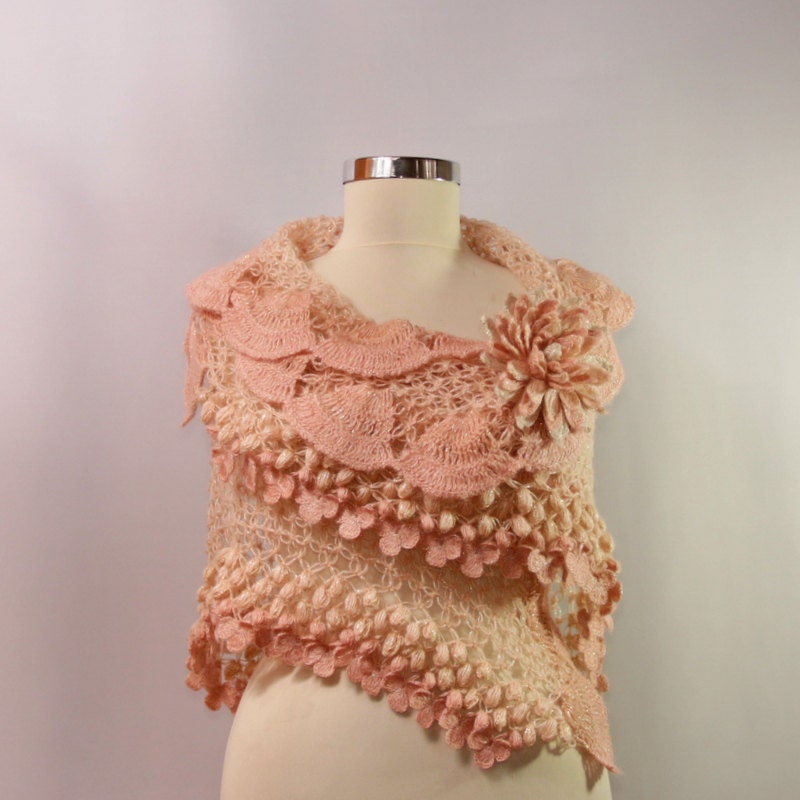 Angel Flight / Bridal Shawl Wrap Crochet Pink Gold Ruffle Shawl Wedding Bridesmaid Bridal Accessories By Lilithist