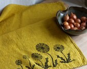 Linen Tea Towel, Dandelion Flower Print, Lino Cut Block Print, Hand-Dyed