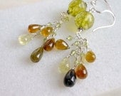 Grossular Garnet Peridot Sterling Silver Wire Wrapped Chain Earrings