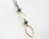 on Vacation / Minimalist Mixed Metal Jewelry, Solid Brass Navette, Black Pearl, Gunmetal Necklace, Everyday Jewelry
