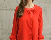Red Bow Blouse / Romantic Long Sleeve Shirt / Delicate Red Top