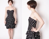 Vintage 1980s Black Polka Strapless Sweetheart Neckline Cocktail Party Dress / Strapless Dress / Ruffle Dress / Rockabilly Dress / 1779