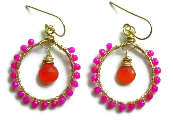 carnelian earrings, Fuchsia earrings, wire wrapped gemstone earrings, colorful wire wrapped earrings, eclectic gemstone earrings
