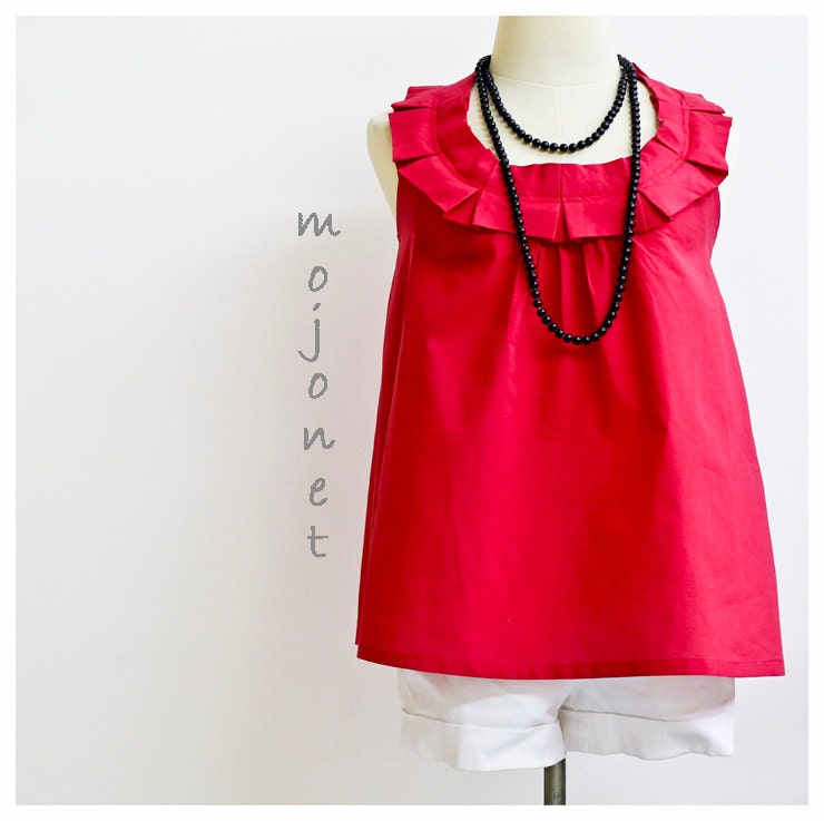 Spring Summer Pleated Ruffle Criss Cross Cotton Sleeveless Blouse Loose Fitting Size M, L Red Free Alteration