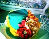 RESERVED FOR TERESA Colorful Mad Hatter Hat, Mini Top Hat, Vintage, Turquoise, Pink, Yellow, Tea Party Hat, Derby Hat, Fascinator