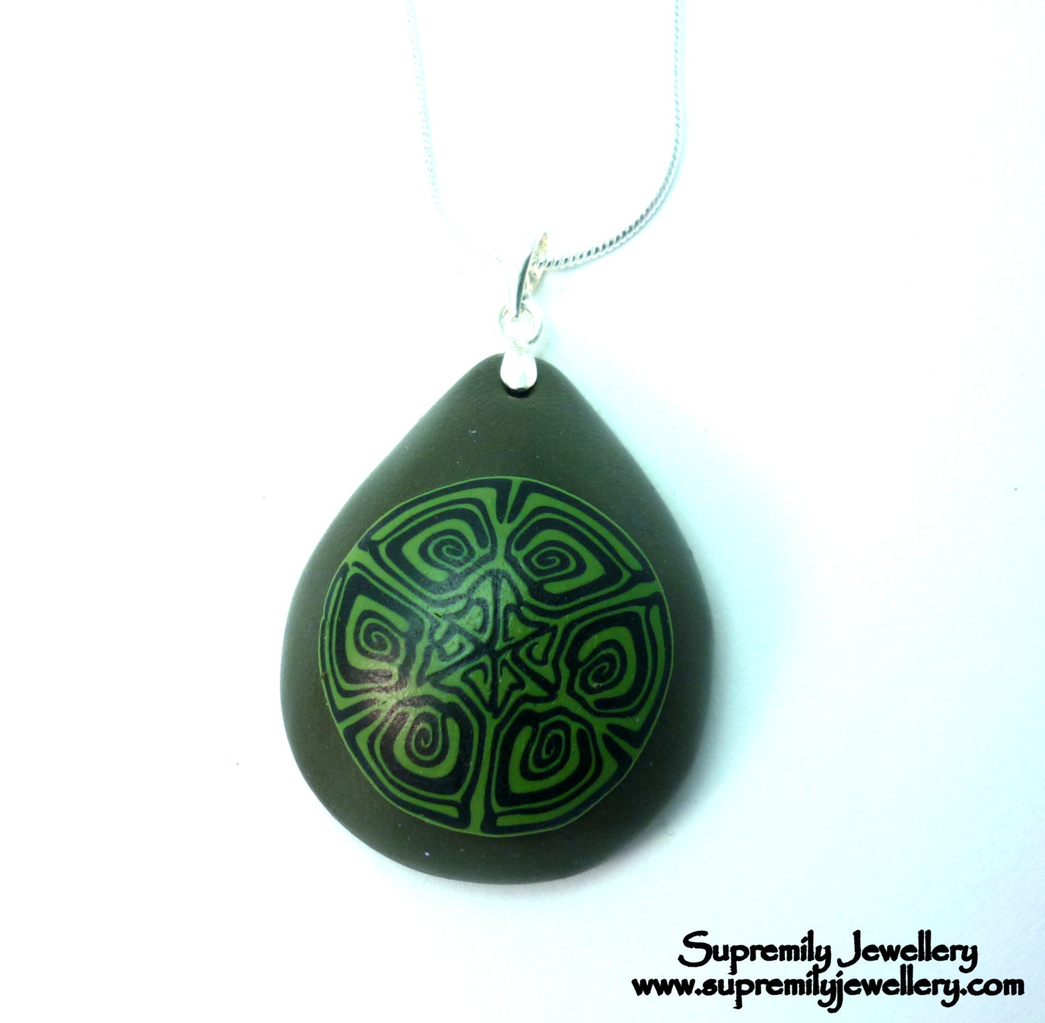 Olive Green Kaleidoscope Teardrop Pendant Fimo Polymer Clay