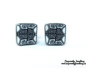 Monochrome Square Tile Stud Earrings Fimo Polymer Clay Black and White Wearable Art