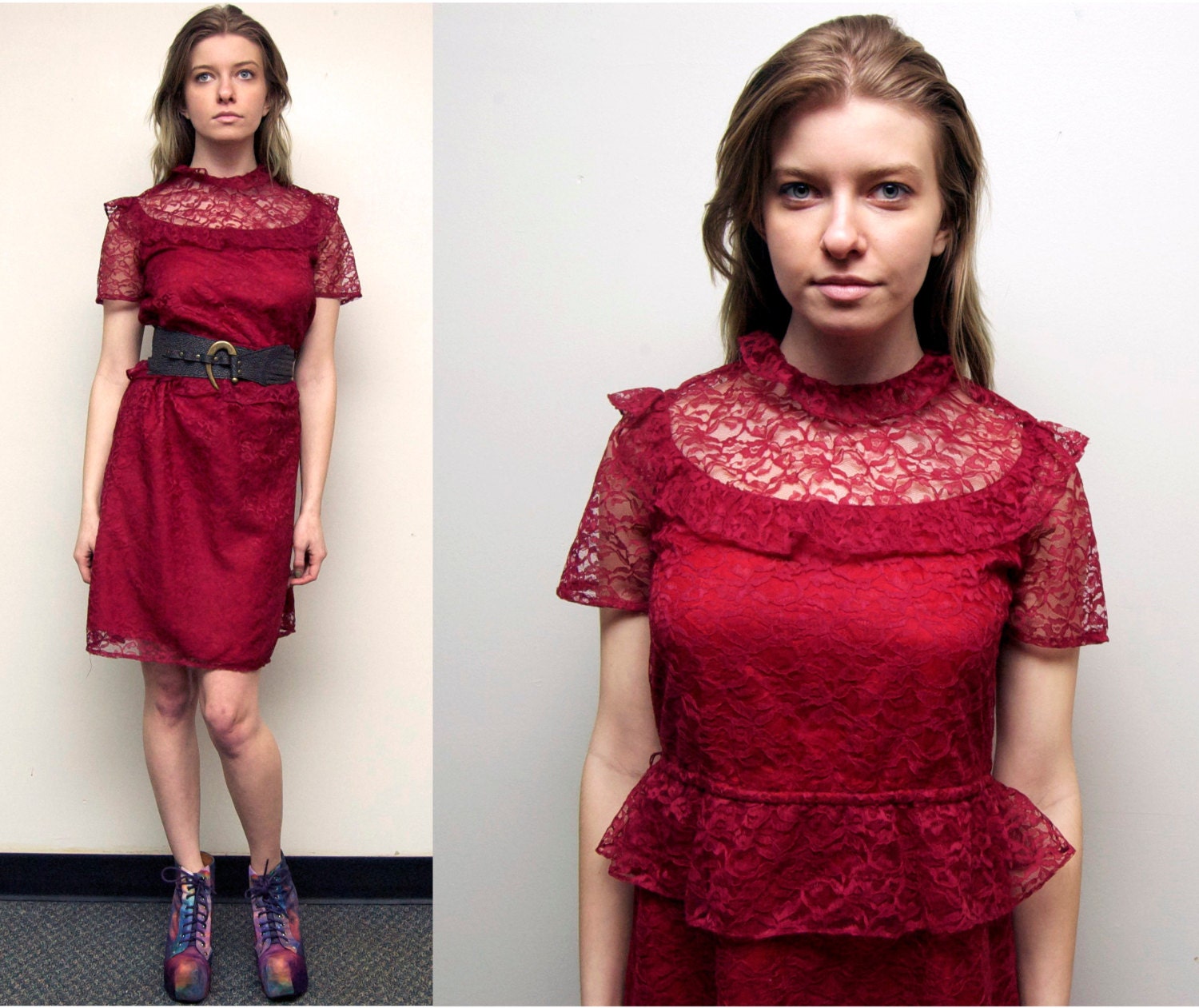 LACE Dress 80s PEPLUM Dress Retro Burgundy Red High Collar  RaRa Upbeat Victorian Lace Shift Dress  Womens Size Medium (4-6-8)