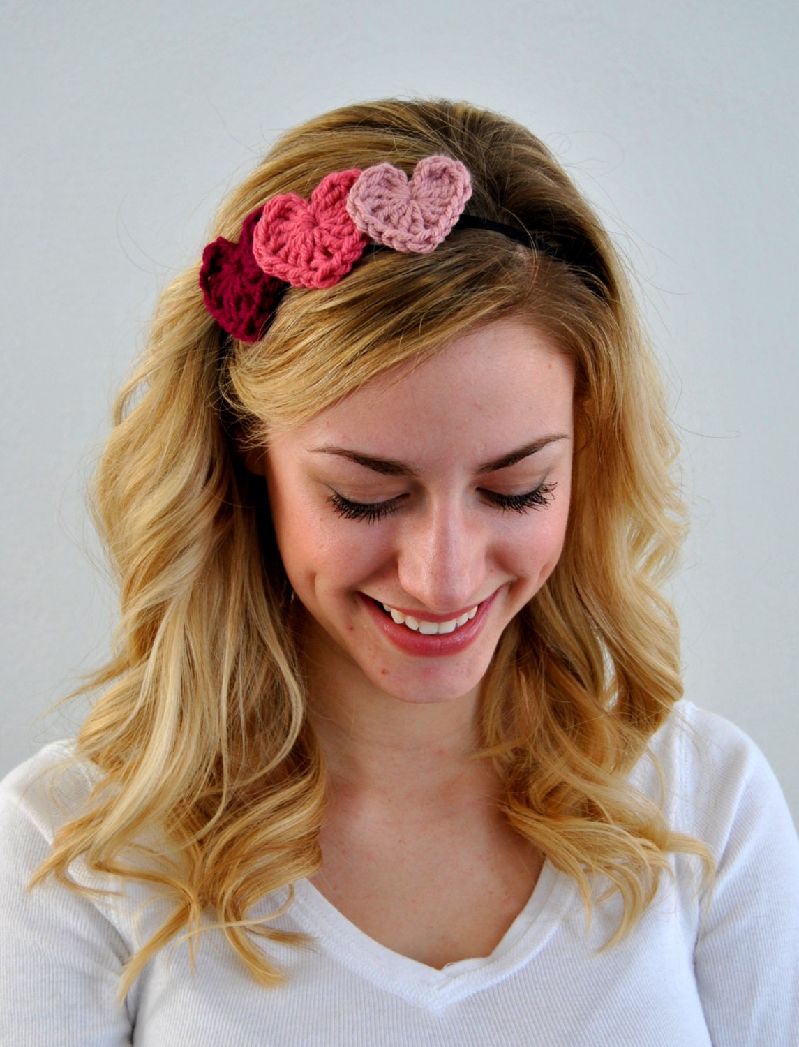 Ladies Pink Crochet Valentine Heart Headband