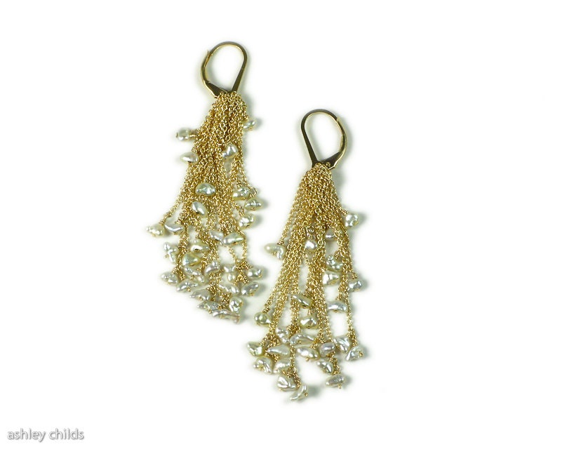 Natural Japanese Akoya Keshi Pearl and 14ktgf Gold Layered Chain Earrings, AC0697 by Ashley Childs